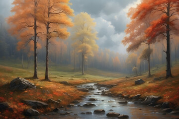 Autumn cloudy landscape trees covered with golden foliage slope