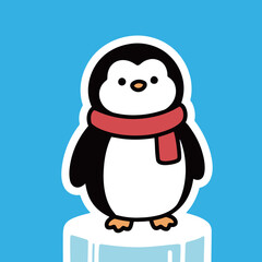 A cute and adorable cartoon sticker of a penguin wearing a red scarf, standing on an ice block, with a white outline.