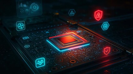 Close-up of a computer processor with digital security and data analysis icons for advanced technology and cybersecurity. - Powered by Adobe