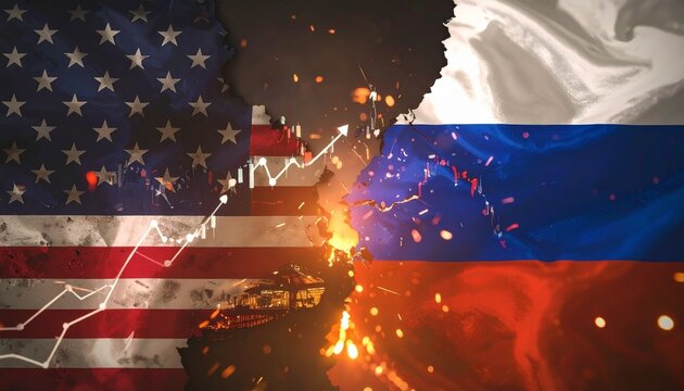 US fist punching through wall toward Russian flag with sparks and financial decline overlay