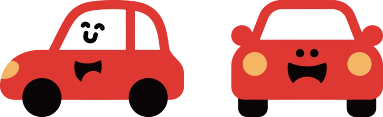 Fototapete Rund Cartoon Auto Two cute red cartoon cars, one from the side and one from the front, with happy faces, isolated on a white background.  © Zhangxiao