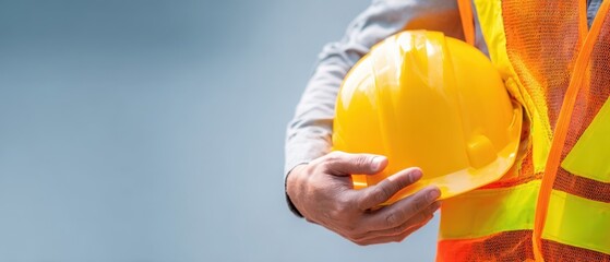 The hard hat and construction worker wearing reflective safety vest on site