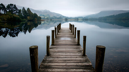Calm lake view with a wooden pier and misty mountains in the background during early morning hours