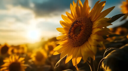 Sunflowers blooming in a large field, with a stunning blue sky above and golden petals glowing under the sun.