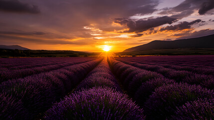 Golden sunset over an endless lavender field.