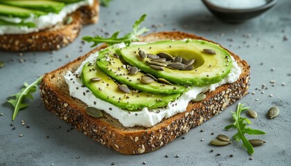 Clean Eating Avocado Toasts: Vegetarian Sandwiches For Breakfast Or Lunch With Rye Bread, Cream Cheese, Arugula, Avocado, Pumpkin, And Seeds.