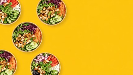 Flat Lay Pattern Healthy Takeaway Salad Bowls Buddha Bowls On Yellow Background Top Down View With Copy Space Meal Prep Food Delivery Concept Chicken Tofu