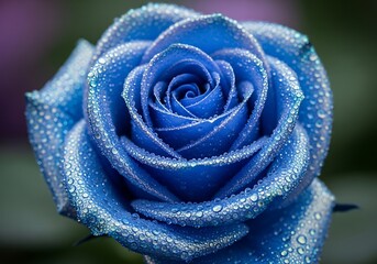 Vibrant blue rose with dew drops