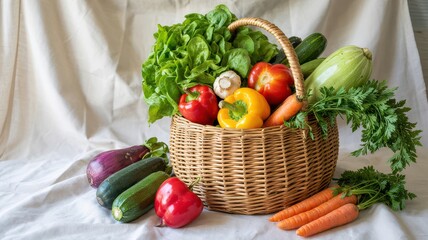 Still Life Wicker Basket Filled With Fresh Vegetables Carrots Peppers Zucchini Eggplant Garlic Lettuce On White Cloth Background Healthy Organic Food Haul