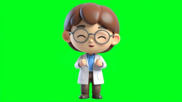 A cartoon scientist with glasses and a white coat stands with open hands, ready to explain a scientific concept or discovery.