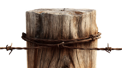 Wooden post with barbed wire wrapped around it in a rural setting during daylight