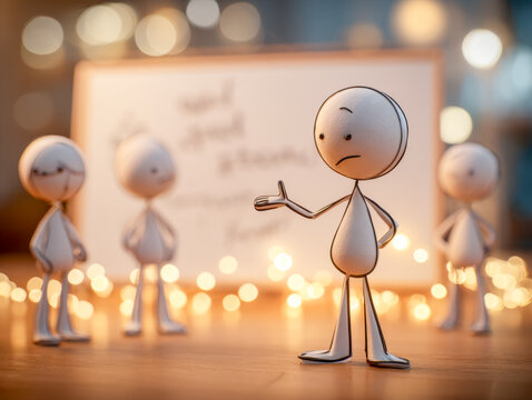 Depicting a hesitant character addressing a supportive group in a creative presentation setting