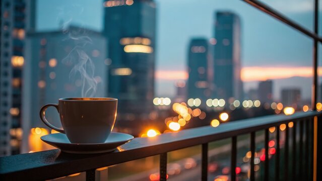 A cup of coffee enjoying a beautiful city skyline at dusk, perfect for a peaceful evening. - Powered by Adobe