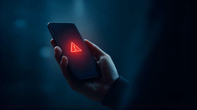 Hand holding smartphone showing warning alert notification on dark background