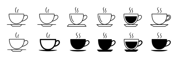 Twelve Coffee Cup Icons: Variations in Fill, Outline, and Style