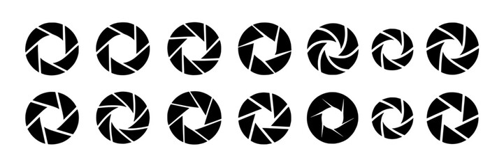 Set of 16 Solid Black Camera Aperture Icons: Variations in Blade Count and Arrangement