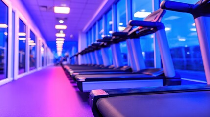 Modern gym interior with illuminated treadmills lined up, showcasing a vibrant atmosphere and fitness focus