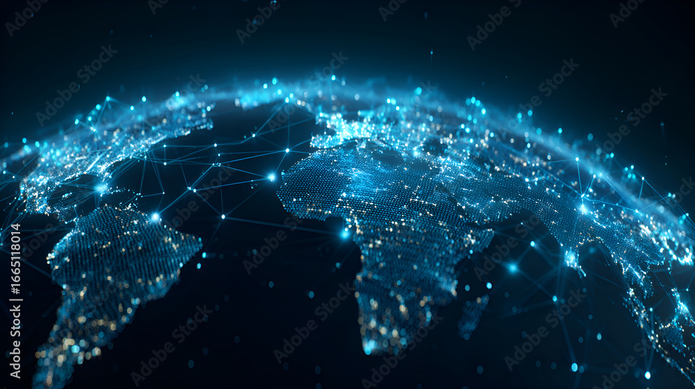 Poster planet earth rotating and showing global network connections and information flow