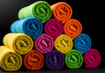 Vibrant Stack of Colorful Rolled Up Towels on Dark Background