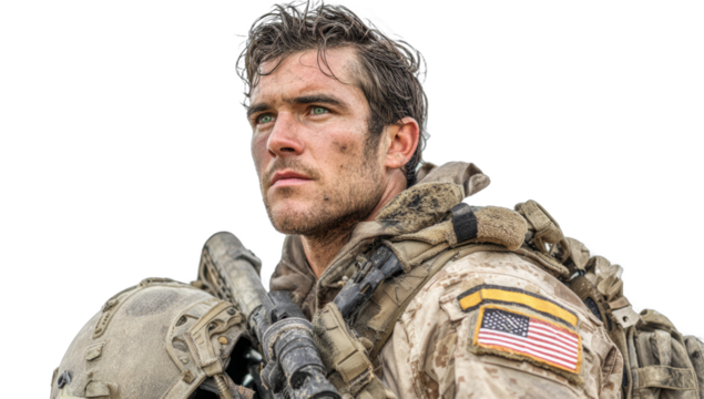 Male Soldier Wearing Camouflage Uniform with American Flag Patch in Outdoor Environment