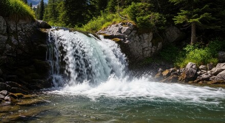 Sunlit Alpine Cascade: Silky Water Splashing Over Mossy Rocks into a Forest Stream.