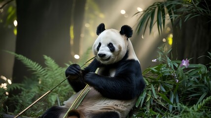 Obraz premium A peaceful panda bear enjoying bamboo in a lush green forest sunlight