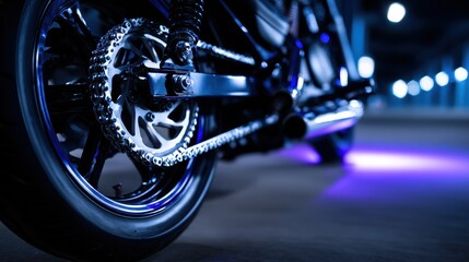 Close-up view of a motorcycle wheel and chain in a dimly lit parking garage with blue lighting effects