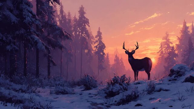 Majestic deer stands silhouetted against a winter sunset in a snow-covered forest.