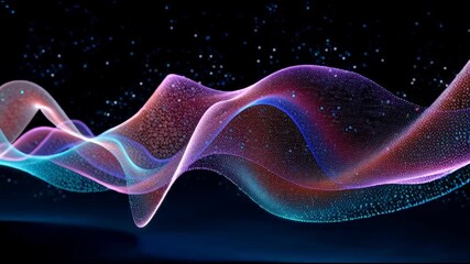 Violet and cyan mesh wave with scattered glowing particles moves smoothly through a dark digital space, combining abstract flow, motion, and sound frequency visualization. - Powered by Adobe