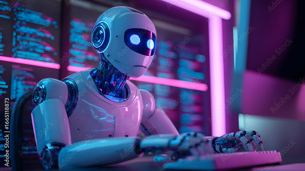 Aufkleber humanoid robot working with computer code in futuristic office