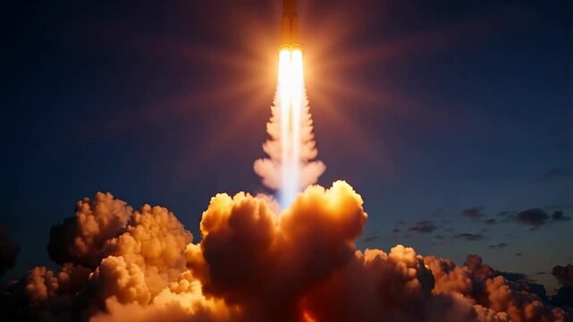 Stunning rocket launch at sunset with vibrant flames and billowing clouds creating a dynamic, inspiring scene of technological achievement