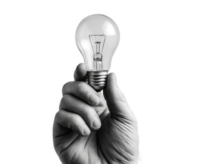 A grayscale image of a hand holding a lightbulb