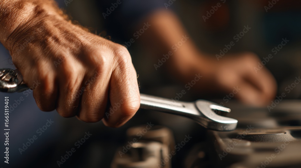 Aufkleber close-up of a mechanic's hand using a wrench to repair an engine in a workshop setting