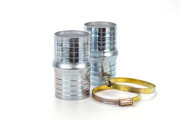 Two metal pipe connector with brass strap shiny silver surface industrial fitting plumbing...