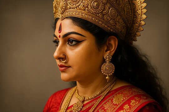 Closeup profile of goddess durga idol in red saree wearing golden crown earrings and nose ring symbolizing elegance tradition and divinity - Powered by Adobe