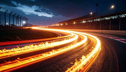 Fiery light trails on racetrack at night with dramatic sky