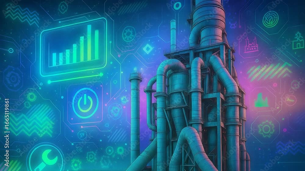 Poster industrial plant with digital monitoring and smart technology for efficient management and operation