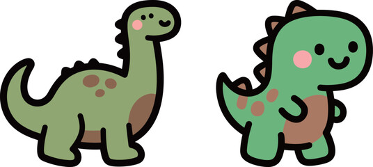 Two cute cartoon dinosaurs with happy faces and rosy cheeks, one with a long neck and the other with a short tail, isolated on white background.