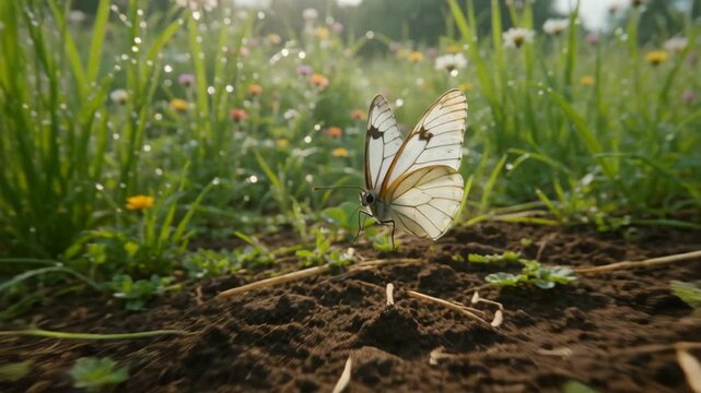 Glasswing Butterfly in Spring Meadow with Dew