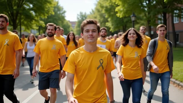Group of people wearing gold ribbons or t-shirts participating in a charity walk for childhood cancer awareness.