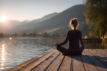 Fototapeta premium Eine junge Frau meditiert auf einem Steg am See, Yoga