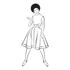 curly hair girl standing in outline vector art