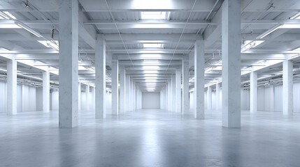 Empty industrial building showing concrete pillars and metal roof structure