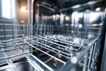Empty stainless steel oven with wire racks inside