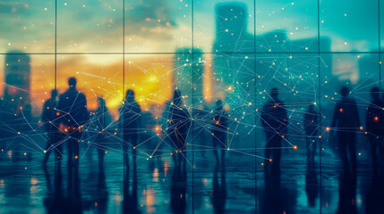 Businesspeople silhouetted against a futuristic cityscape with digital network overlays