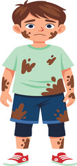 Cartoon boy with muddy clothes and unhappy face, outdoor play mess, hygiene awareness, dirty child concept, parenting vector illustration