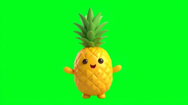 A cheerful pineapple character with a cute face stands against a bright green backdrop, radiating positivity and playful charm in its design.