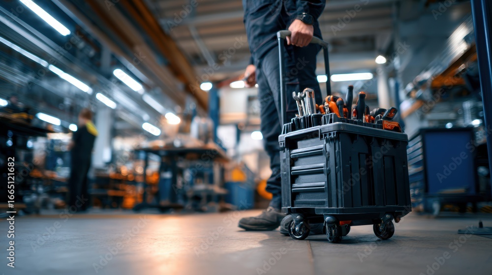 Poster a worker transporting a tool cart filled with equipment in a busy workshop with machinery