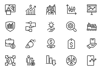 Trade outline icon set. Business icon set. Business team, planning, company, profit and successful key icons. Thin outline icons pack. Vector illustration