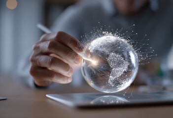 A hand touches a glowing, digital globe